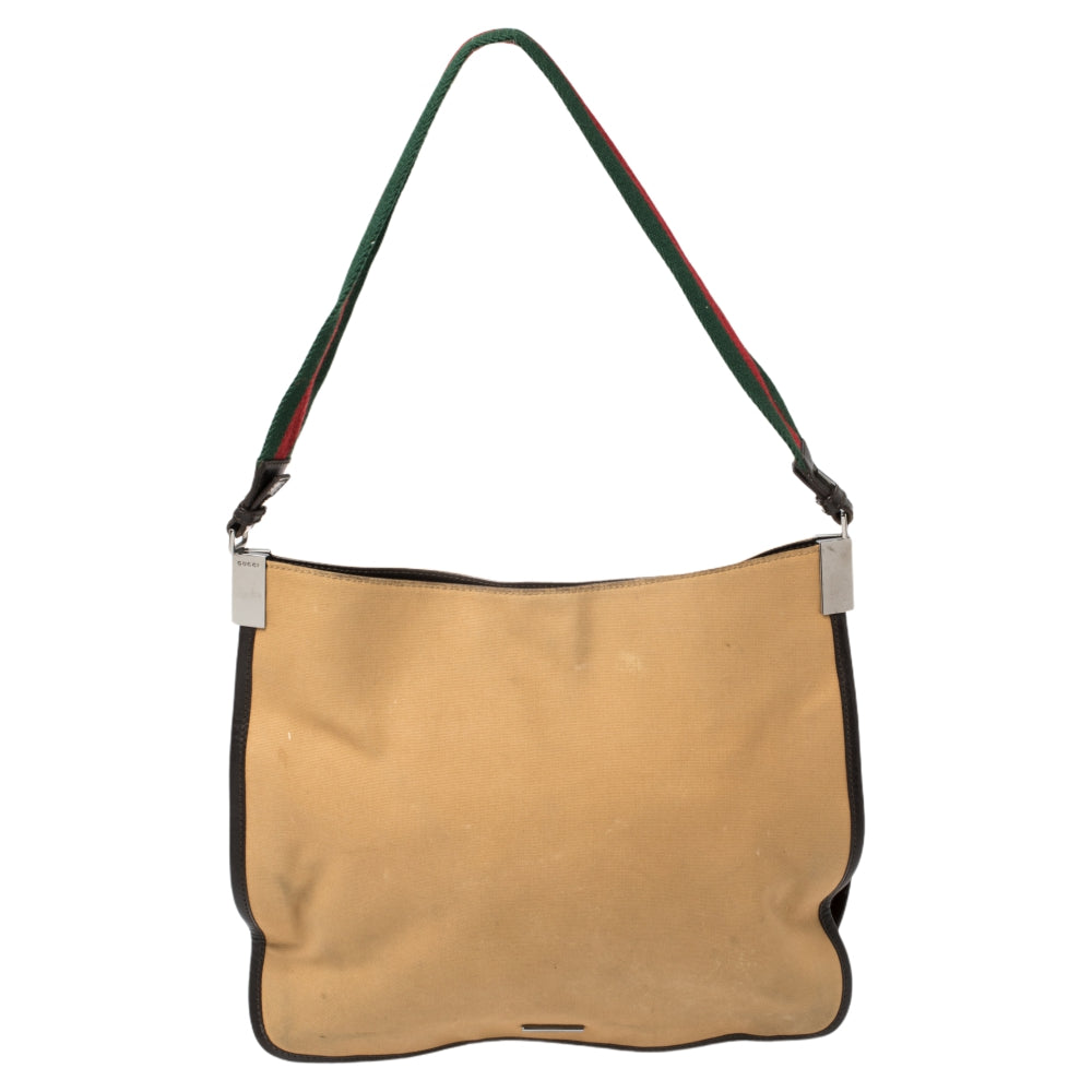 Luxury Gucci Trending 2025 Khaki Brown Canvas and Leather Trim Web Detail Hobo