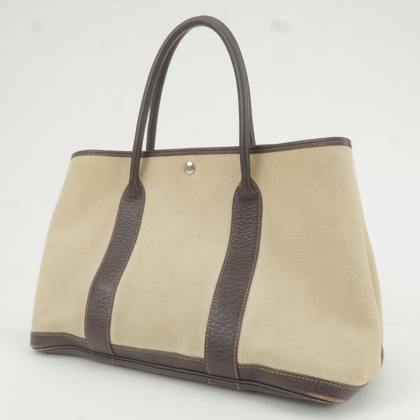 Luxury Hermes Canvas Leather Garden Party PM Tote Bag Beige G Stamp