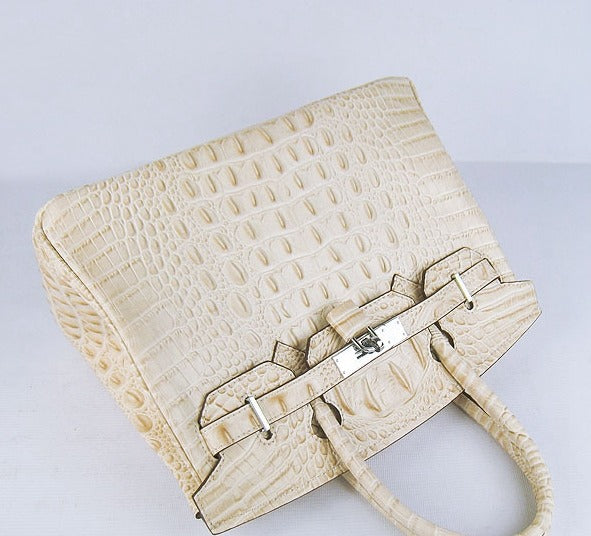 Luxury Hermes Birkin 30cm Crocodile Head Vein Handbags Beige Silver