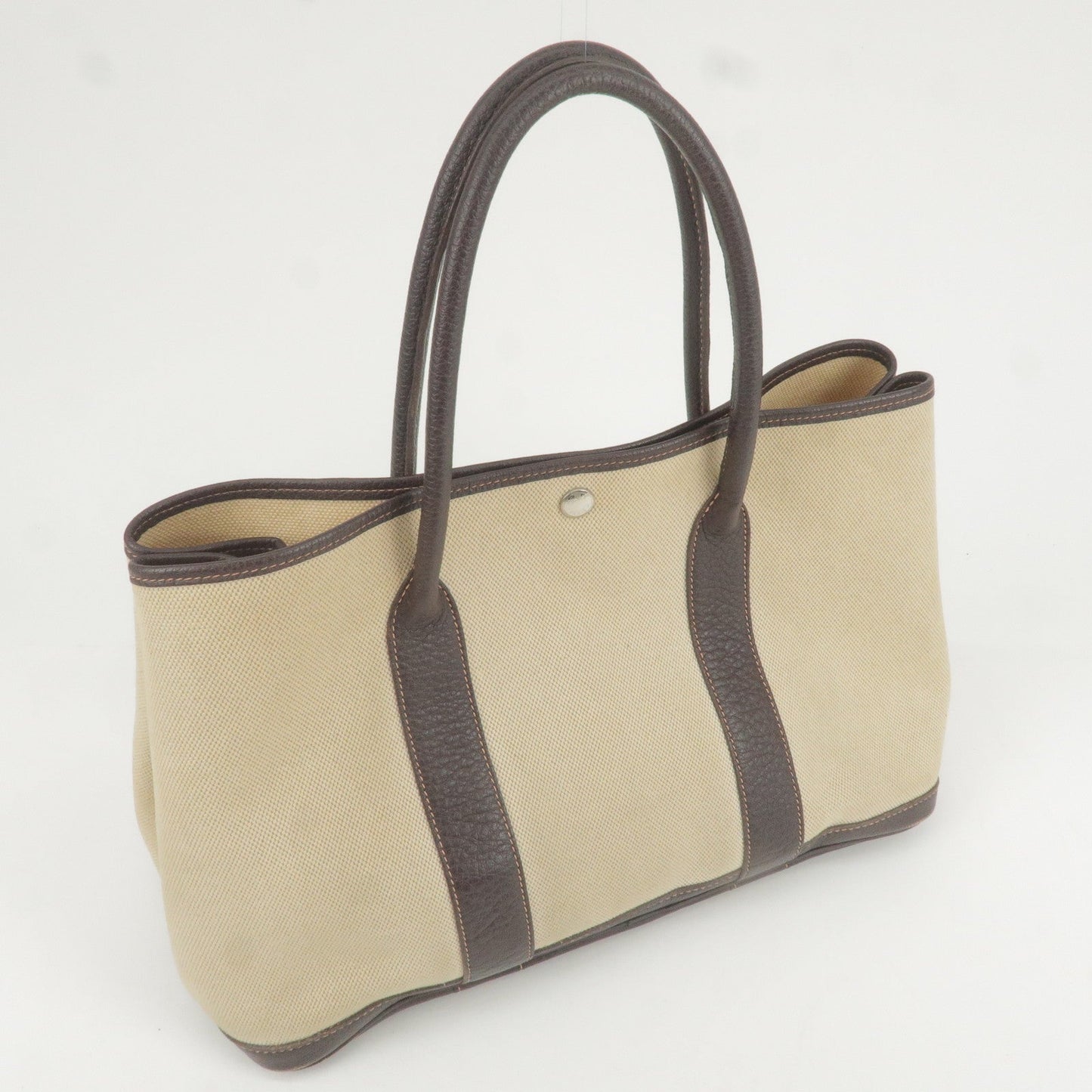 Luxury Hermes Canvas Leather Garden Party PM Tote Bag Beige G Stamp
