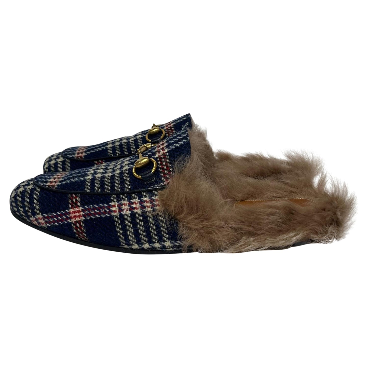 Gucci Princetown Plaid Fur Trim Mules in Blue Canvas