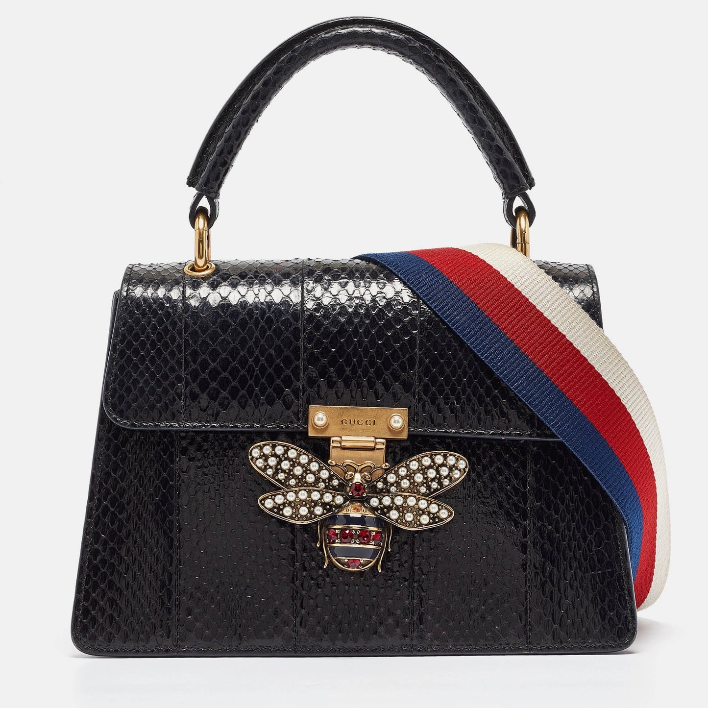 Luxury Gucci Trending 2025 Black Water Snake Small Queen Margaret Top Handle Bag