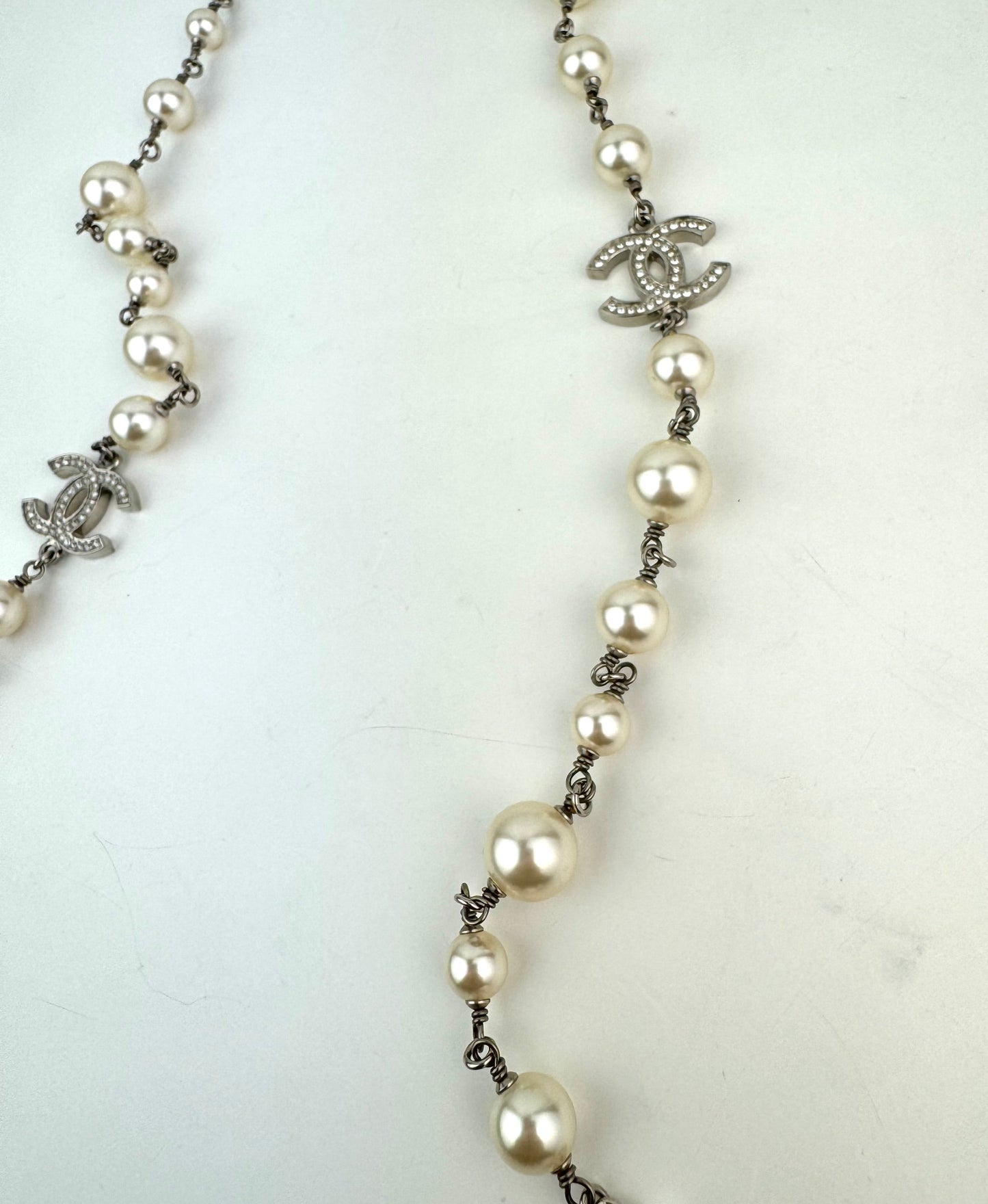 Chanel CC Faux Pearl Crystal Silver Tone Long Station Necklace