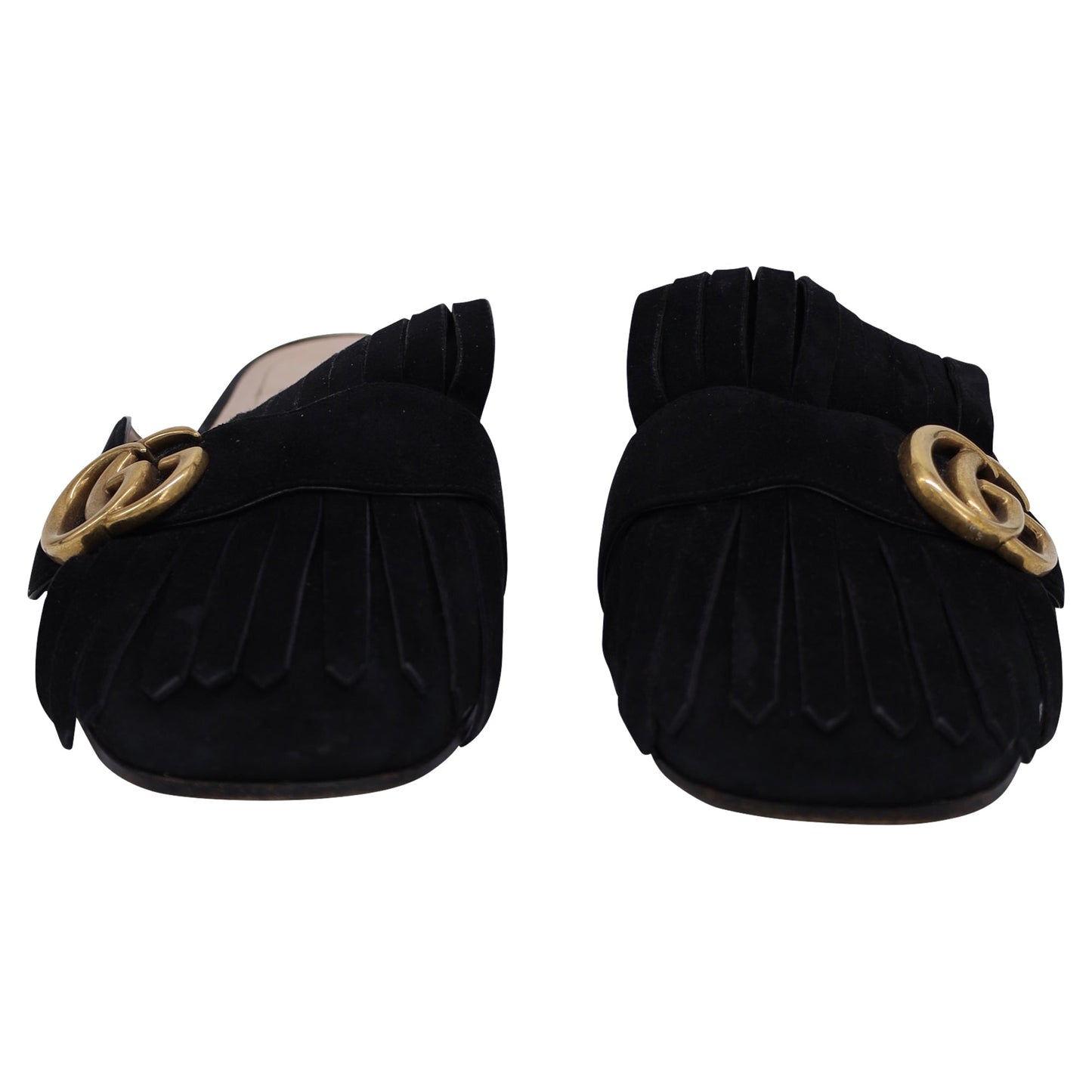Gucci GG Marmont Kiltie Mules in Black Suede