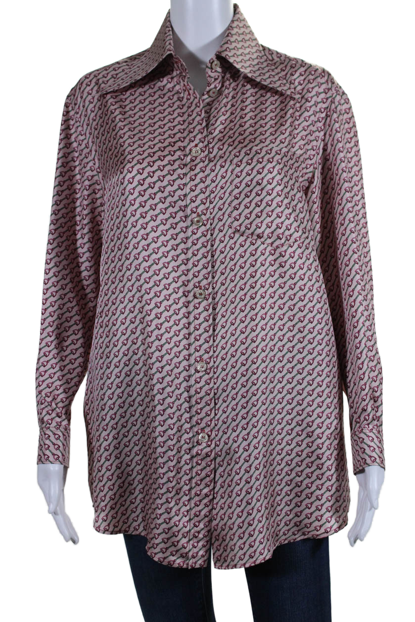 Gucci Womens Silk Striped Abstract Collared Buttoned Blouse Pink