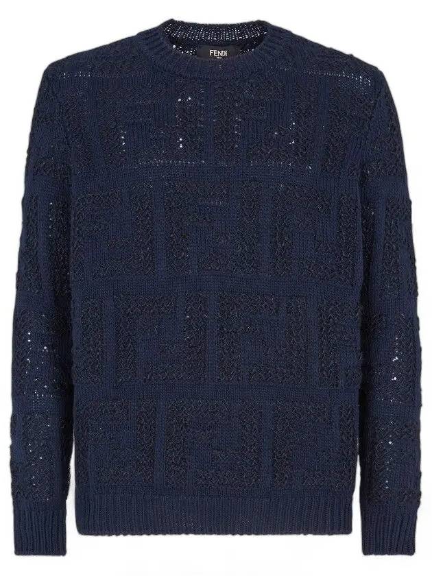 Luxury Fendi Crew Neck FF Knit Top Navy
