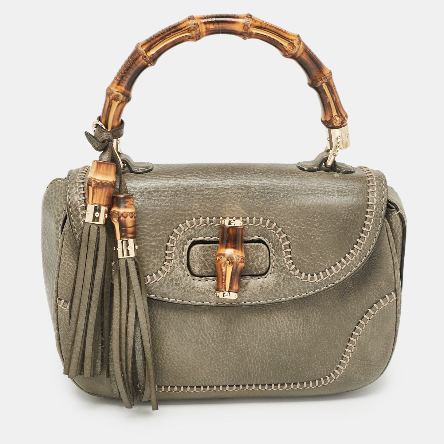 Luxury Gucci Trending 2025 Grey Leather Medium New Bamboo Top Handle Bag