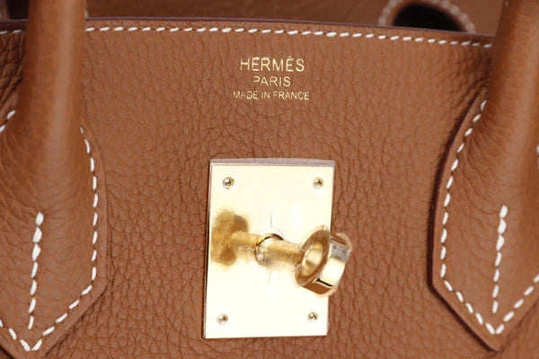Luxury Hermes BIRKIN 25 - 40CM (WITH SERIAL NUMBER) GOLD COLOR TOGO LEATHER, GOLD HARDWARE, WITH KEYS, LOCK, DUST & BOX