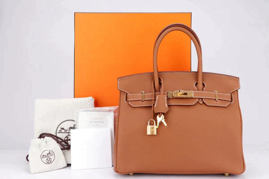 Luxury Hermes BIRKIN 25 - 40CM (WITH SERIAL NUMBER) GOLD COLOR TOGO LEATHER, GOLD HARDWARE, WITH KEYS, LOCK, DUST & BOX