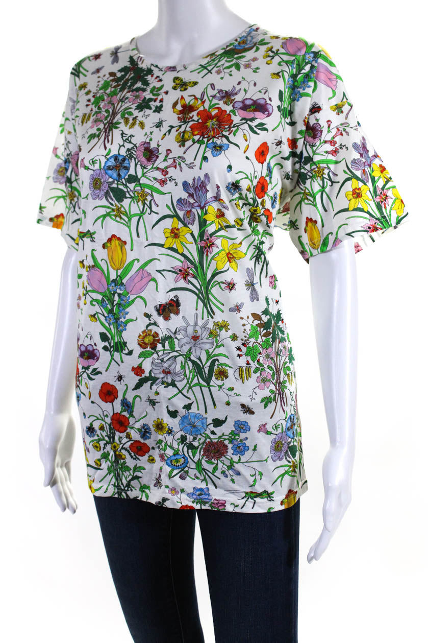 Gucci Womens Cotton Floral Round Neck Short Sleeve Pullover Top White