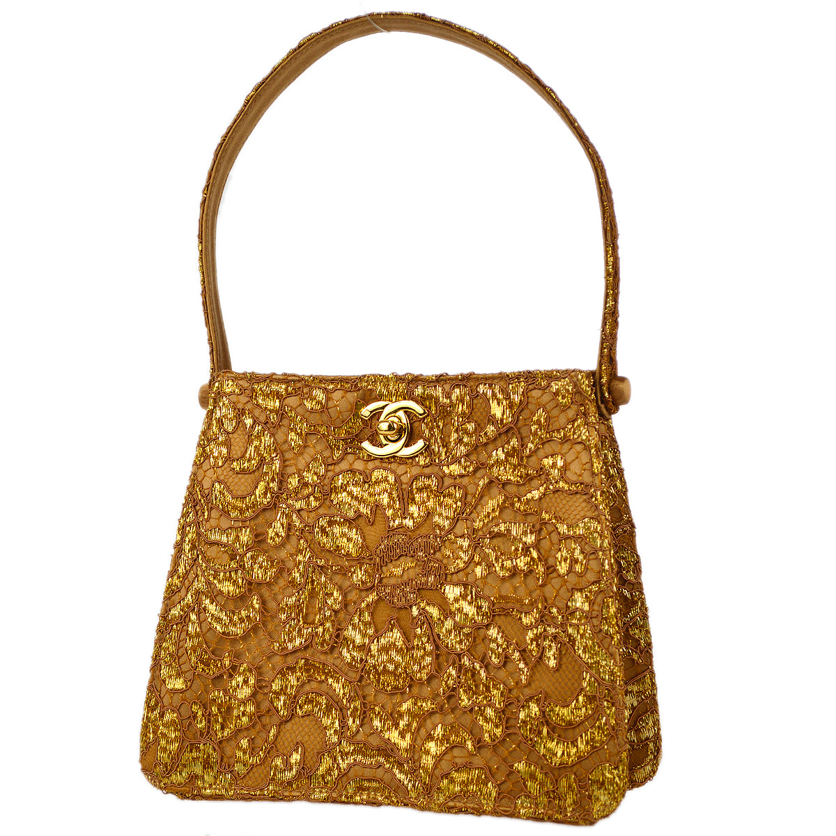 Luxury Chanel 1997-1999 * Double Side Turnlock Handbag Gold Satin