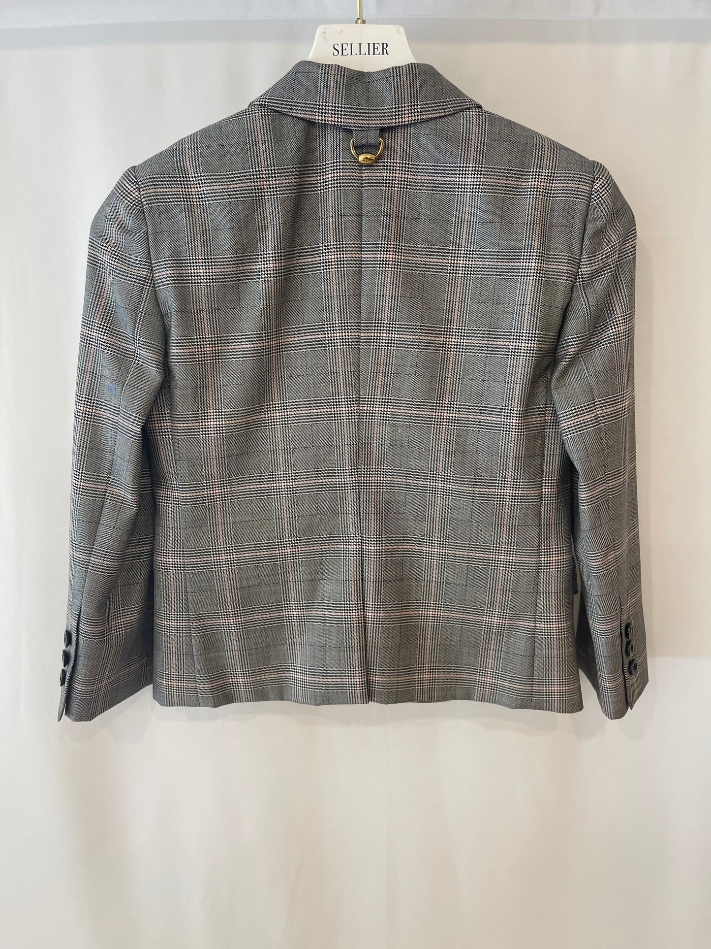 Luxury Gucci Grey Wool Checked Blazer Jacket with Logo Buttons Size IT 38 (UK 6)