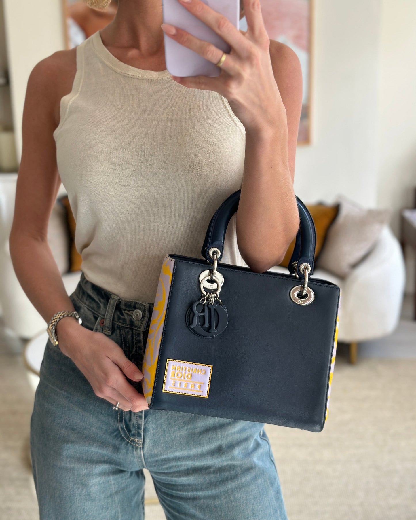 Christian Luxury DiorNavy Blue Medium Lady Luxury DiorBag Calfskin Leather with Purple and Yellow Abstract Print and Silver Hardware