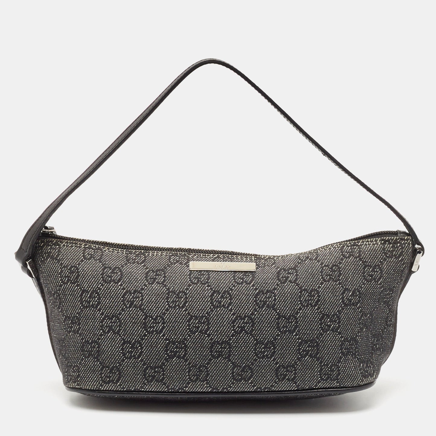 Gucci Black Gg Denim And Leather Boat Pochette Bag