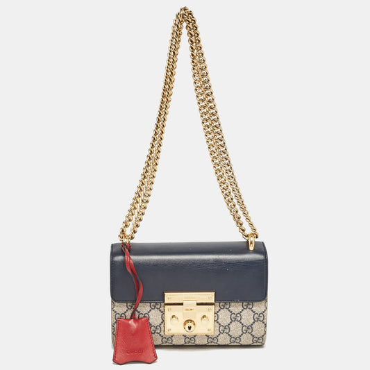 Luxury Gucci Trending 2025 Tricolor Gg Supreme Canvas And Leather Small Padlock Shoulder Bag..