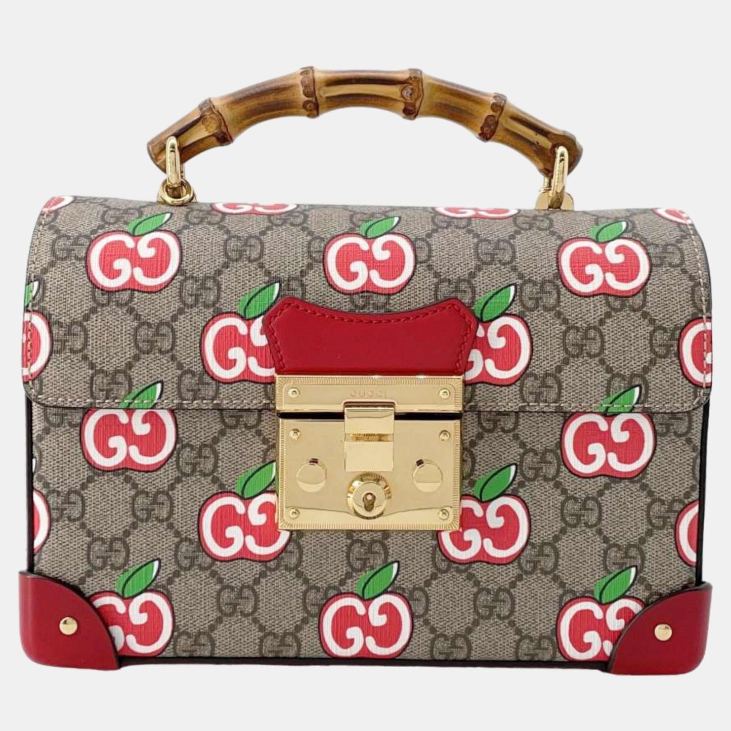 Luxury Gucci Trending 2025 Beige/Red GG Supreme Canvas and Leather Apple Bamboo Top Handle Bag