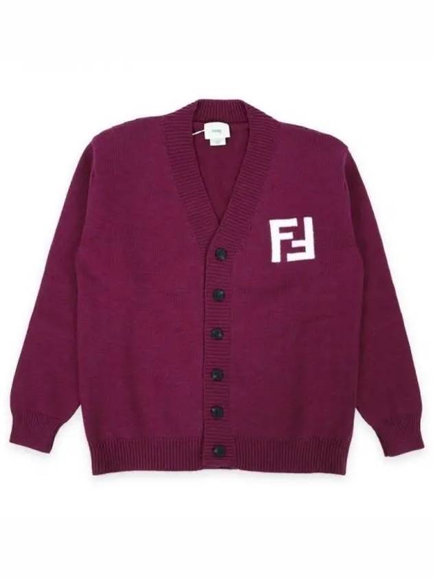 Luxury Fendi Kids FF Logo V-Neck Cardigan Burgundy