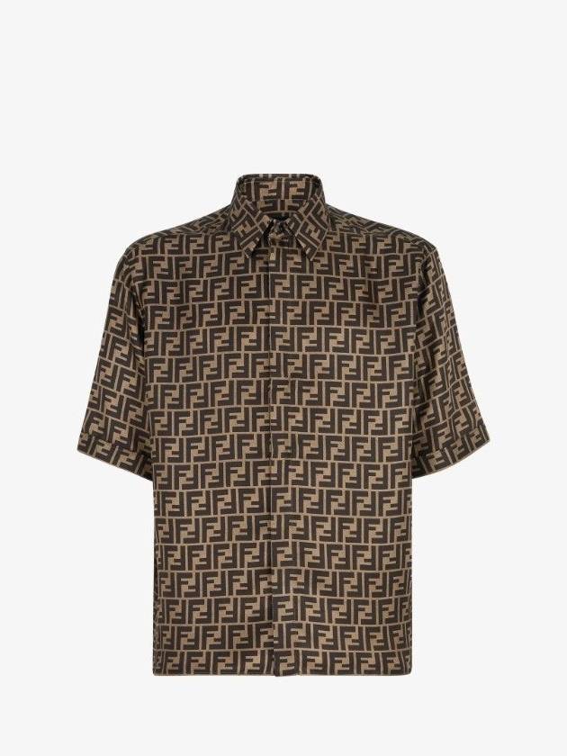 Luxury Fendi Men's FF Motif Silk Short Sleeve Shirt Brown