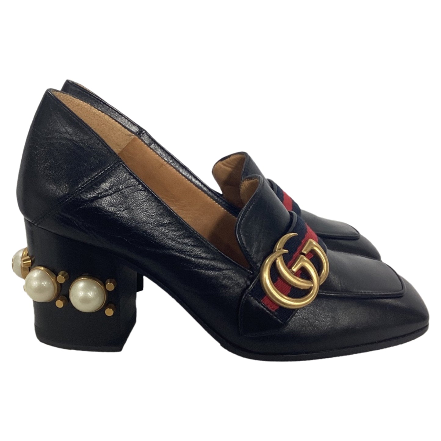 Gucci Faux Pearl Peyton GG Marmont Mid-Heel Loafers in Black Leather