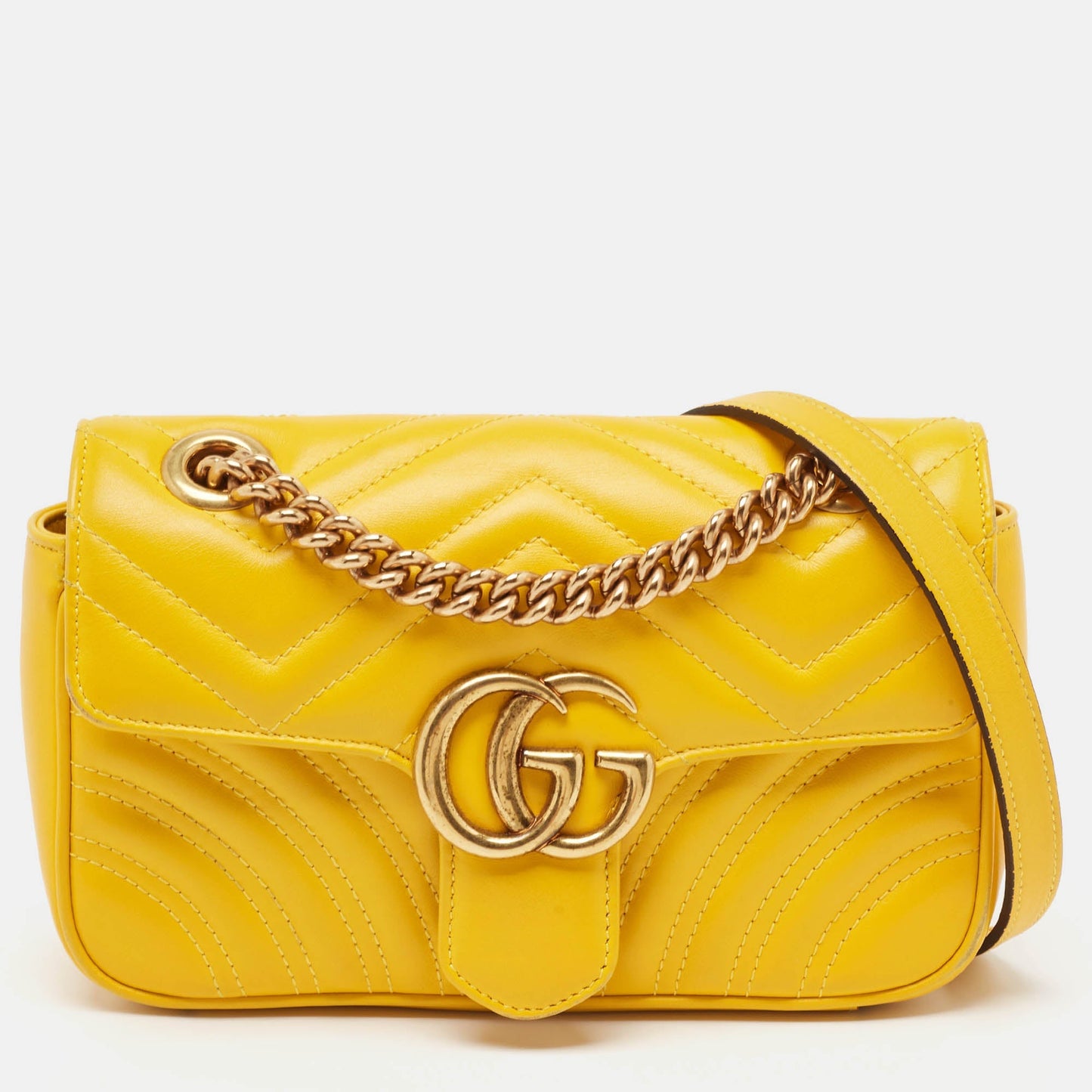 Luxury Gucci Trending 2025 Yellow Matelass&eacute; Leather Mini GG Marmont Shoulder Bag