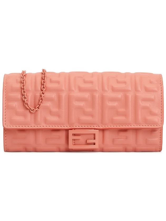 Luxury Fendi Baguette Continental Embossed FF Logo Chain Long Wallet Pink