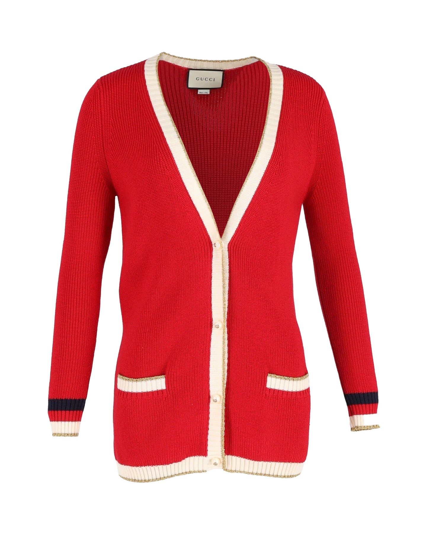 Luxury Gucci Trending 2025 Metallic-Trimmed Cardigan in Red Wool