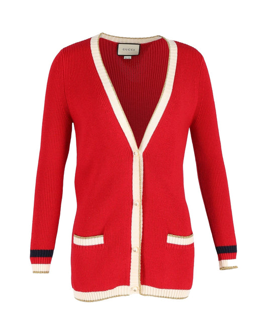 Luxury Gucci Trending 2025 Metallic-Trimmed Cardigan in Red Wool
