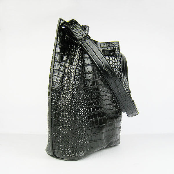 Luxury Hermes Crocodile Vein Shoulder Bag H2804 Black Silver