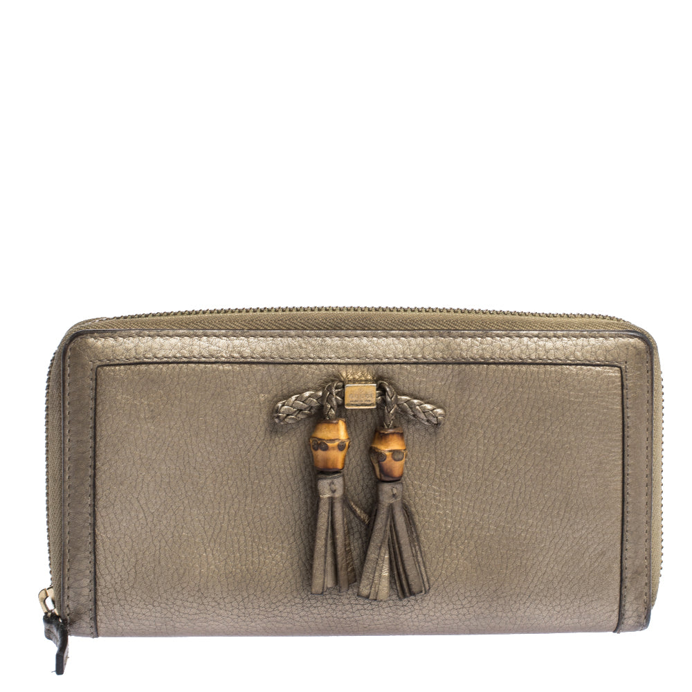 Luxury Gucci Trending 2025 Gold Leather Bamboo Tassel Bow Zip Around Wallet