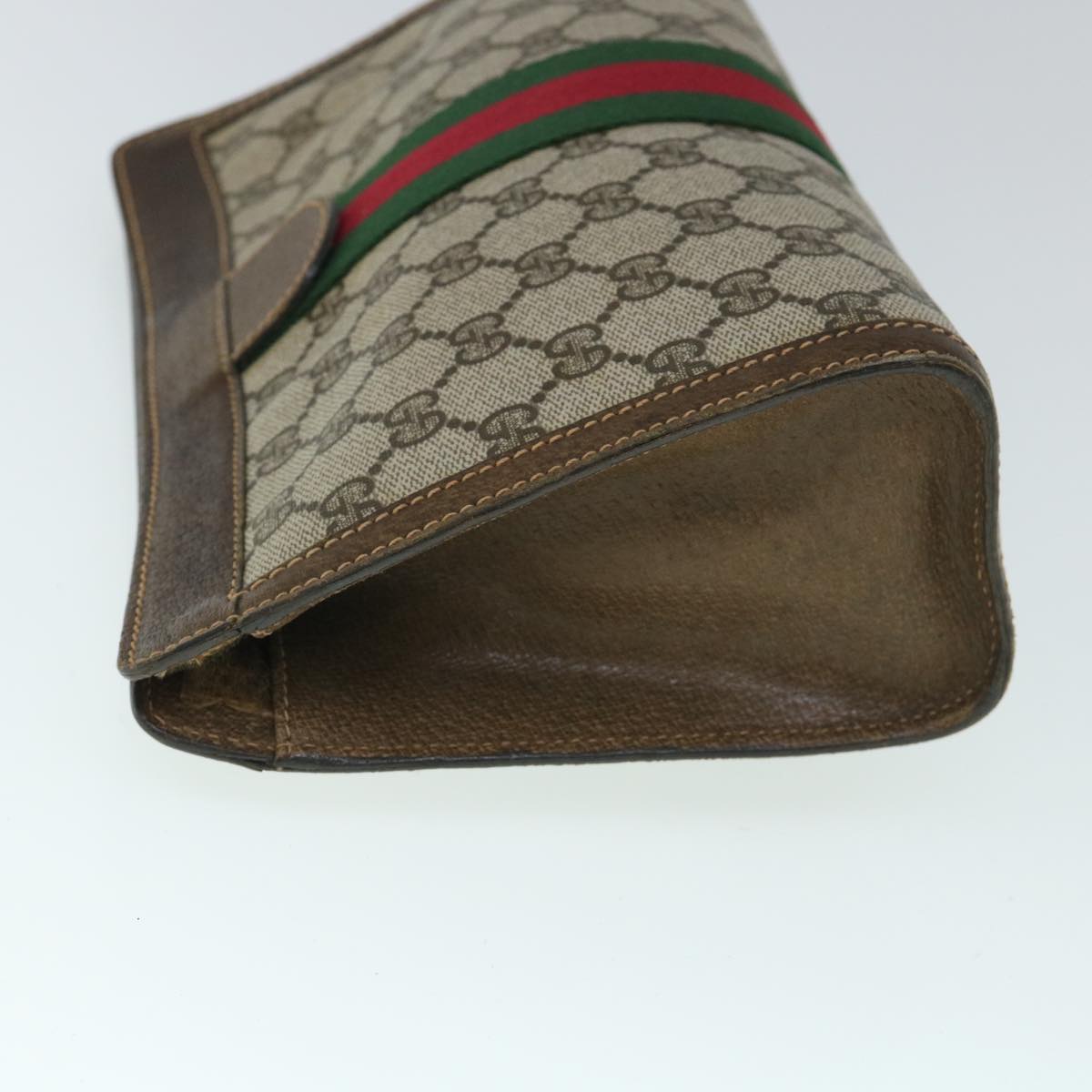 Gucci GG Canvas Web Sherry Line Clutch Bag PVC Leather Beige Green