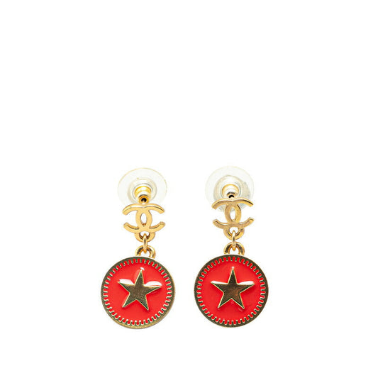Chanel Coco Mark Swing Star Earrings Gold Red
