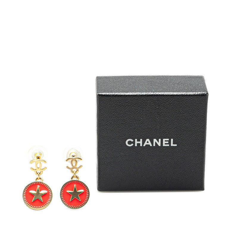 Chanel Coco Mark Swing Star Earrings Gold Red