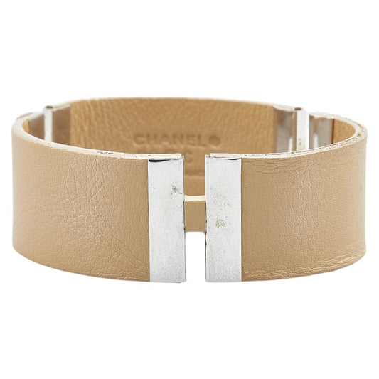 Chanel Logo Bangle Bracelet Beige Silver