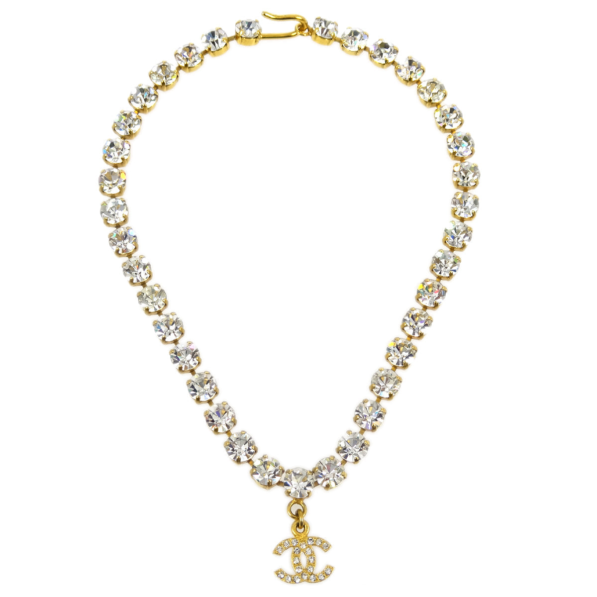 Luxury Chanel CC Chain Pendant Necklace Rhinestone Gold 96A