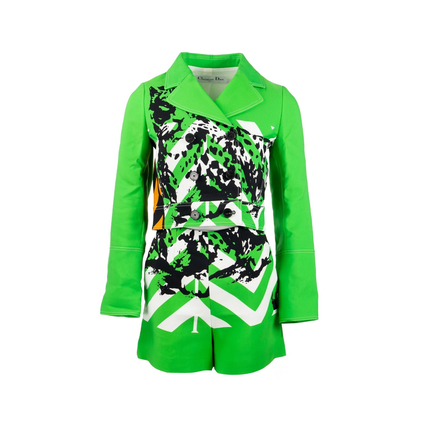 Luxury Dior Size 34 2022 Runway Fantaisie Animalier Cropped Jacket and Shorts Suit Polyamide Green/Multicolour