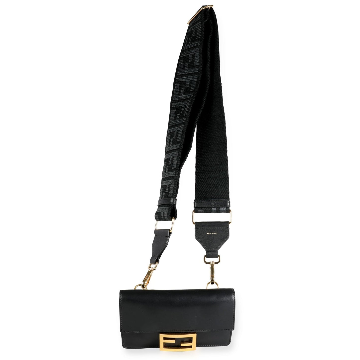Luxury Fendi Black Calfskin Mini Flat Baguette with Black 'Strap You' Strap