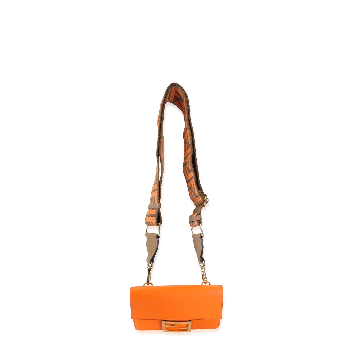 Luxury Fendi Orange Calfskin Mini Flat Baguette with Brown 'Strap You' Strap