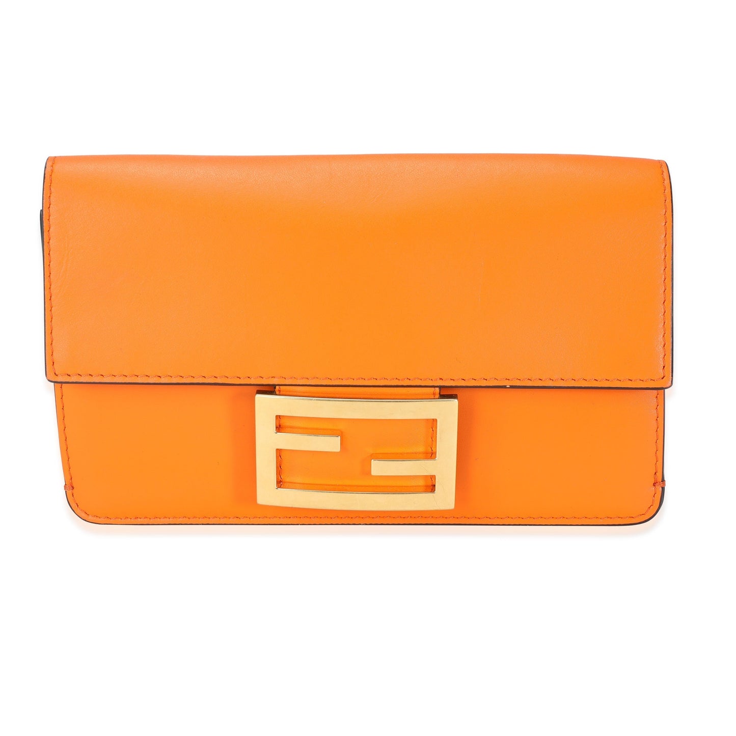 Luxury Fendi Orange Calfskin Mini Flat Baguette with Brown 'Strap You' Strap