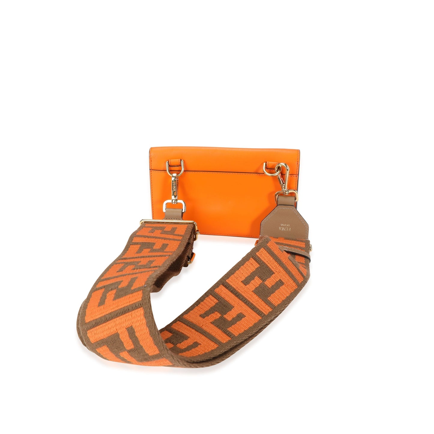 Luxury Fendi Orange Calfskin Mini Flat Baguette with Brown 'Strap You' Strap