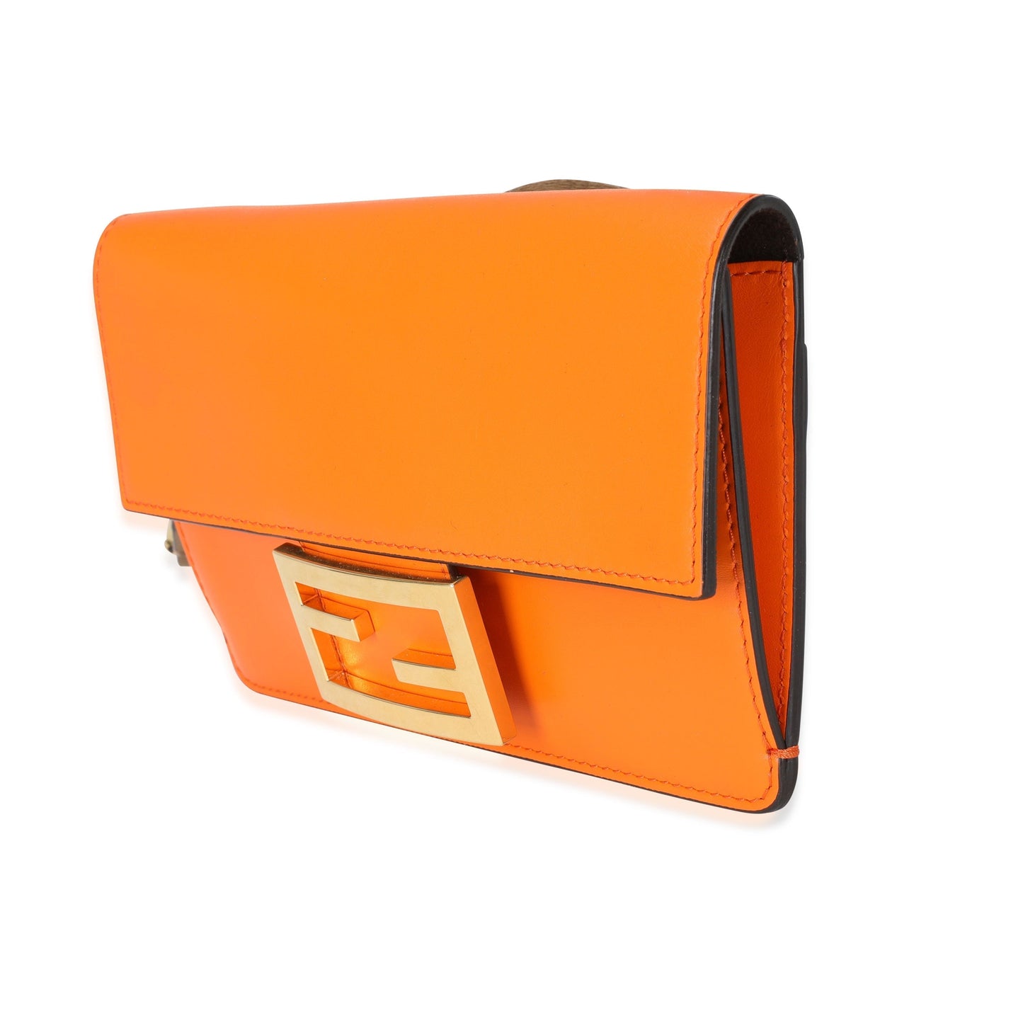 Luxury Fendi Orange Calfskin Mini Flat Baguette with Brown 'Strap You' Strap