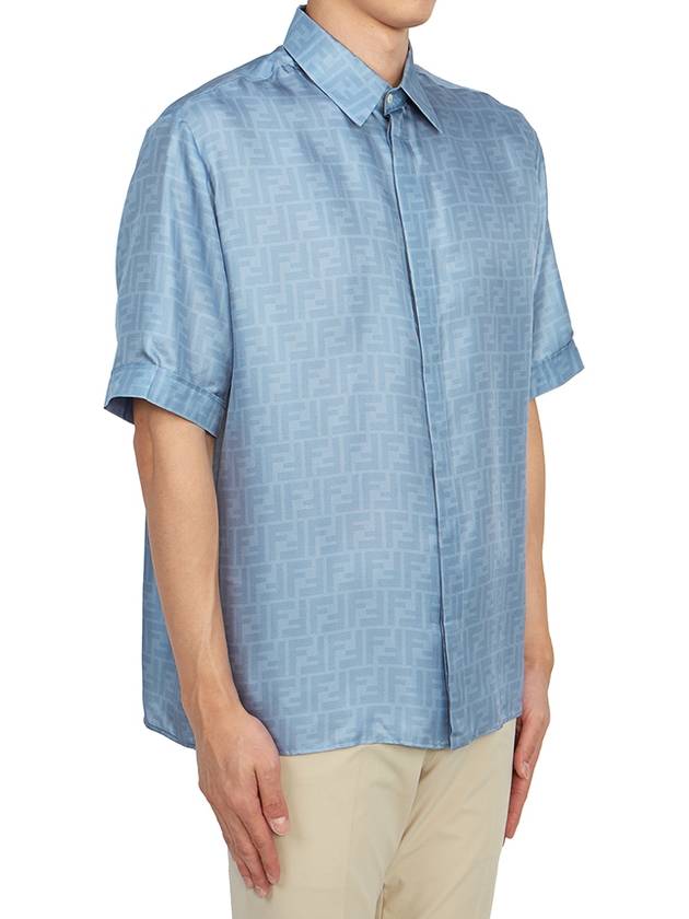 Luxury Fendi Men's FF Motif Silk Short Sleeve Shirt Blue