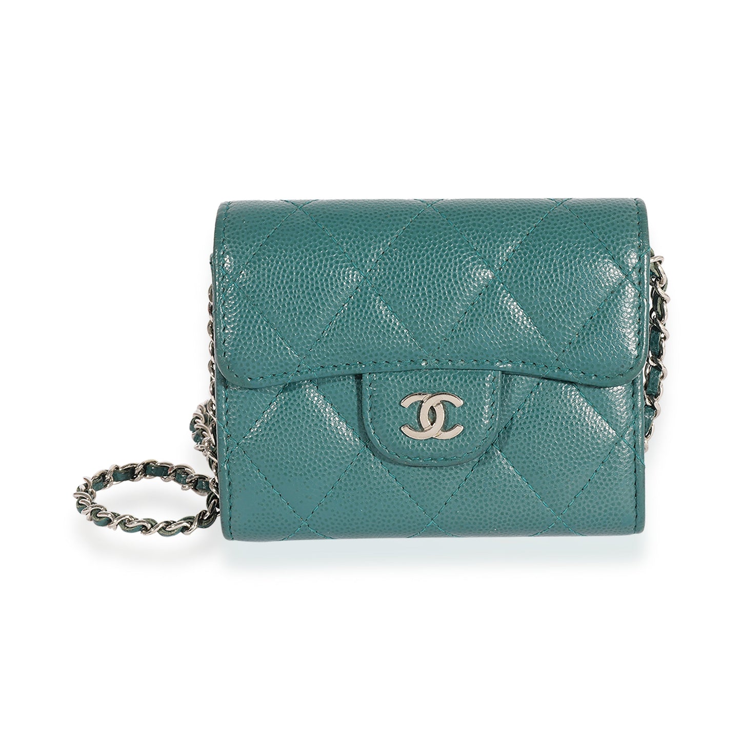 CHANEL Teal Quilted Caviar Classic Card Holder on Chain