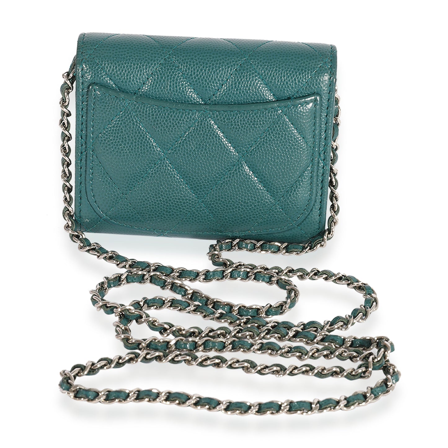 CHANEL Teal Quilted Caviar Classic Card Holder on Chain