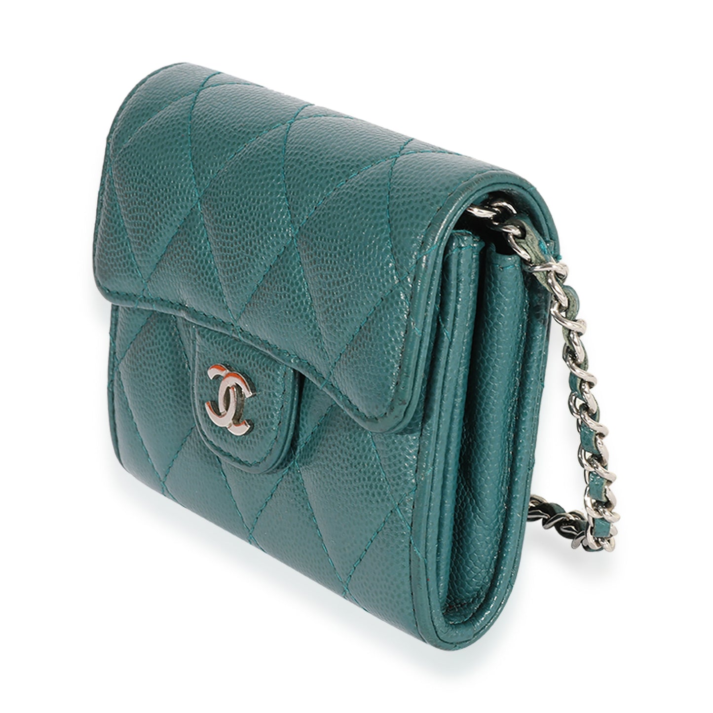 CHANEL Teal Quilted Caviar Classic Card Holder on Chain