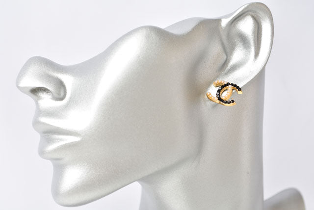 Chanel Earrings CC Mark Pearl Motif Rhinestone Black/Gold