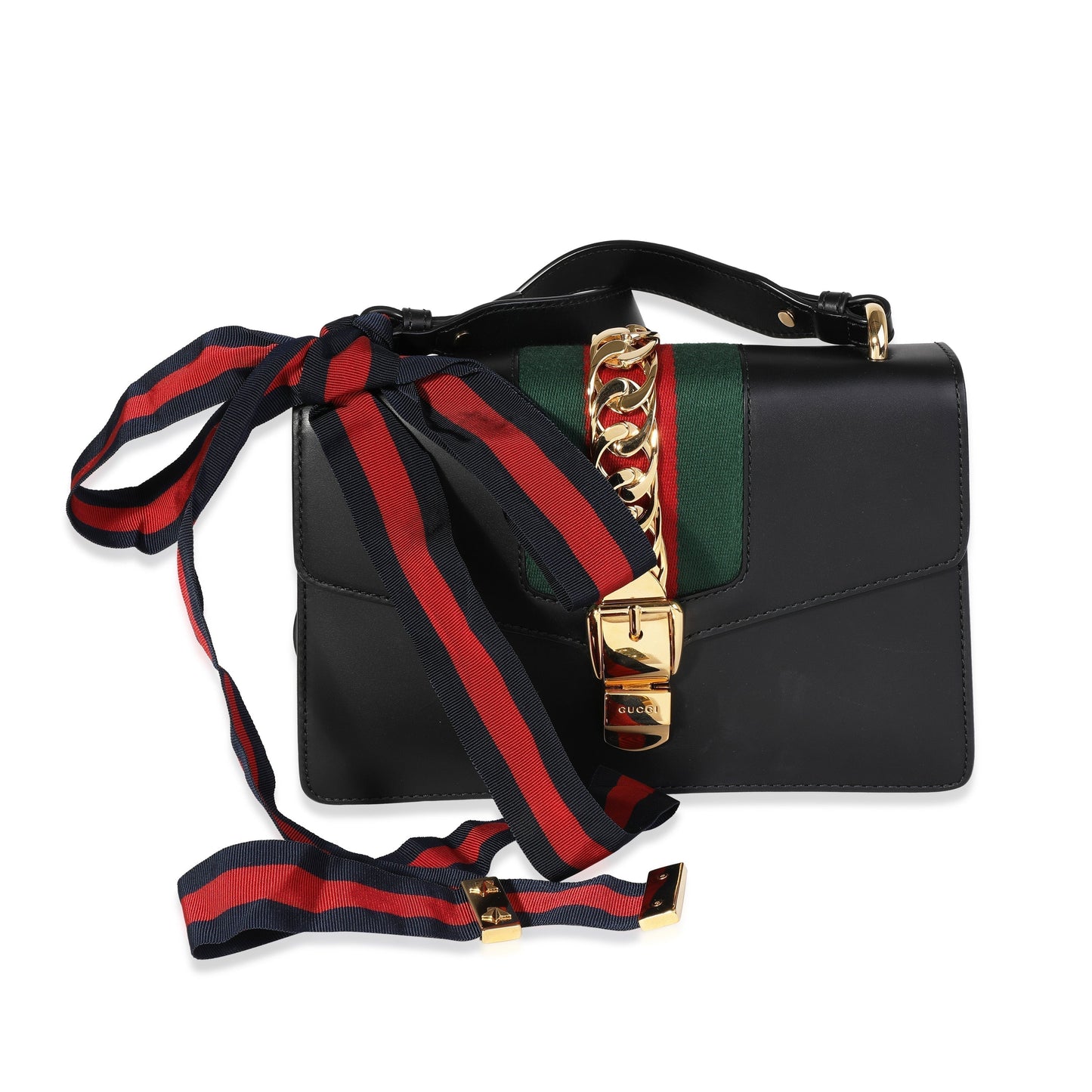Luxury Gucci Trending 2025 Black Smooth Leather & Web Small Sylvie Shoulder Bag