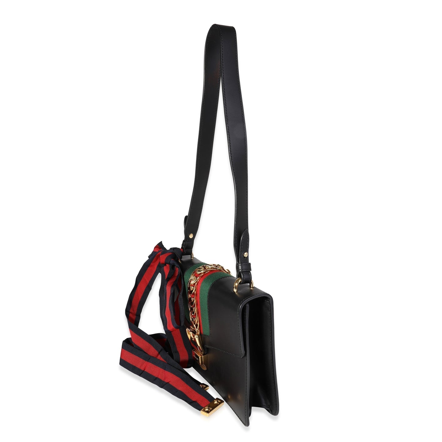 Luxury Gucci Trending 2025 Black Smooth Leather & Web Small Sylvie Shoulder Bag