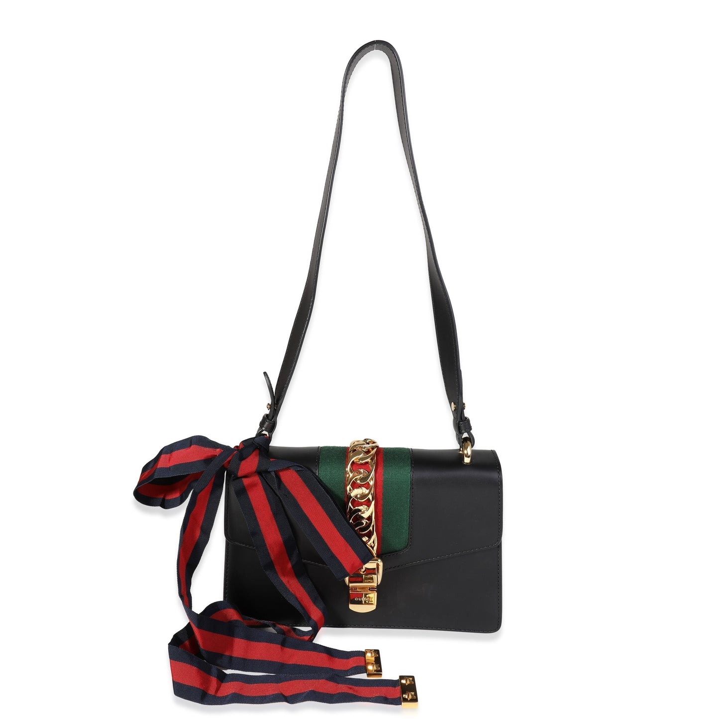Luxury Gucci Trending 2025 Black Smooth Leather & Web Small Sylvie Shoulder Bag