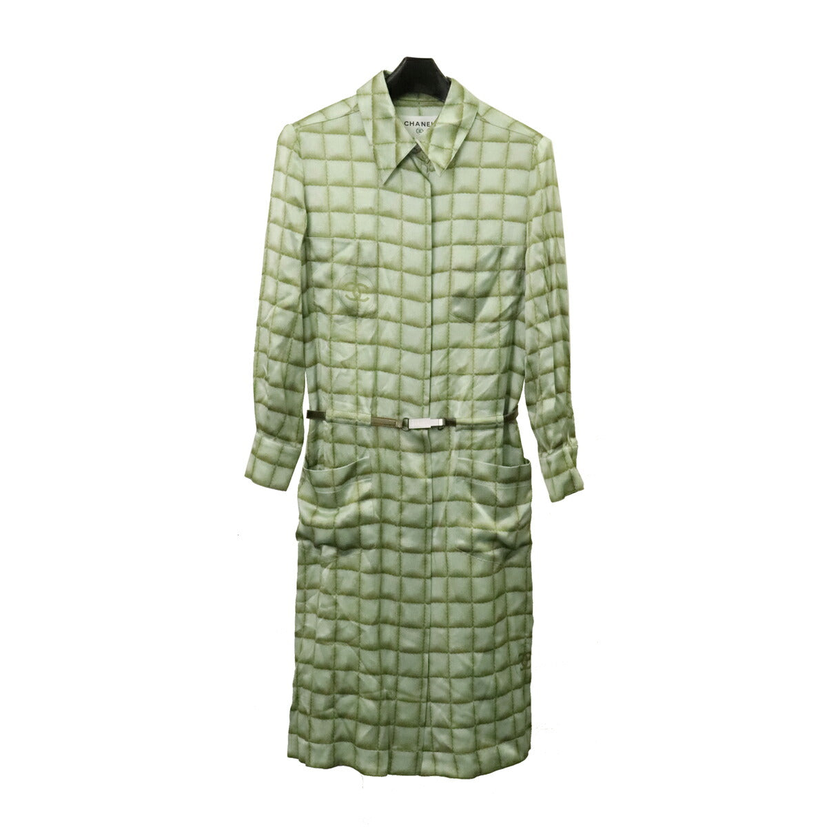 Chanel Silk Check Shirt Dress Green