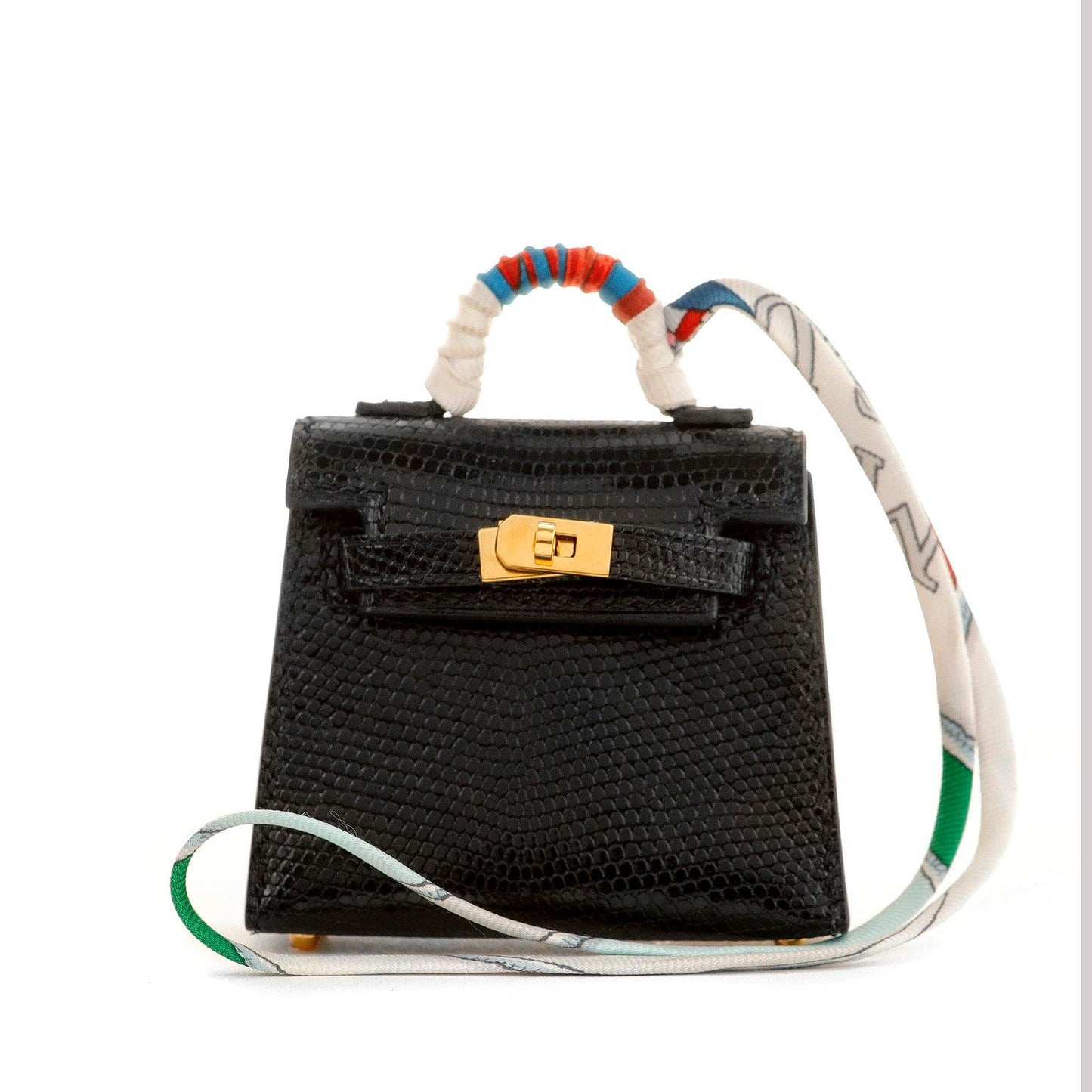 Luxury Hermes Mini Lizard Kelly Purse Charm w/ Gold Hardware w/ Twilly